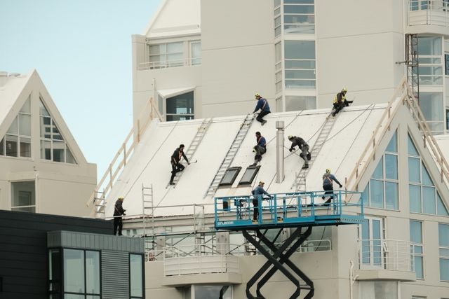 A team of men on a roof, utilizing safety equipment and tools, actively working on a building project.